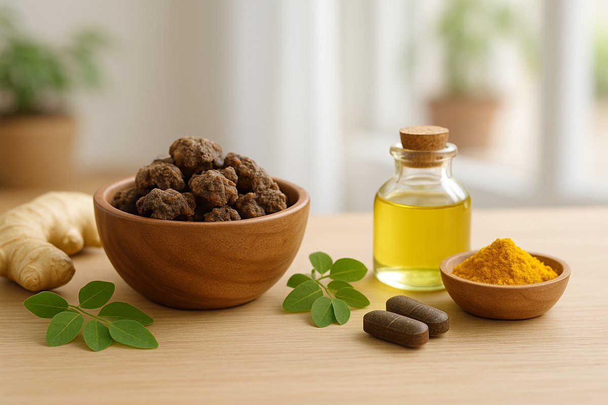 Ayurvedic herbs like Guggulu resin, turmeric, ginger, and castor oil arranged in a bright natural setting for arthritis relief.