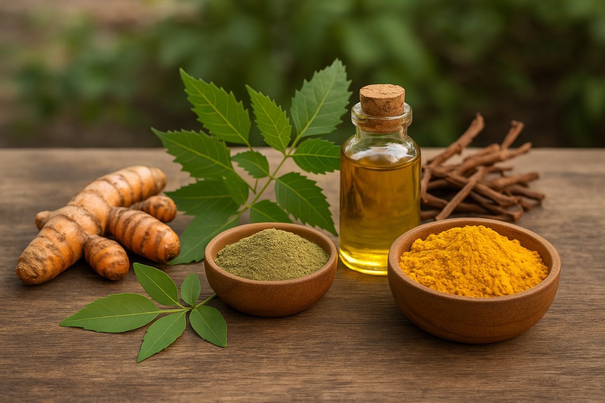Natural Ayurvedic herbs and oils for psoriasis relief, including turmeric, neem leaves, manjistha root, and herbal powders on a wooden surface.