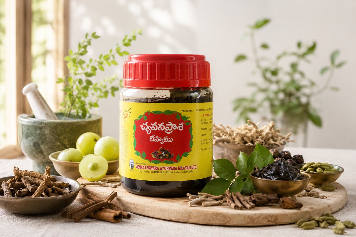 Chyavanaprasa Lehya displayed with traditional Ayurvedic herbs in a bright, airy room, representing Ayurvedic diet principles for everyday health and wellness.