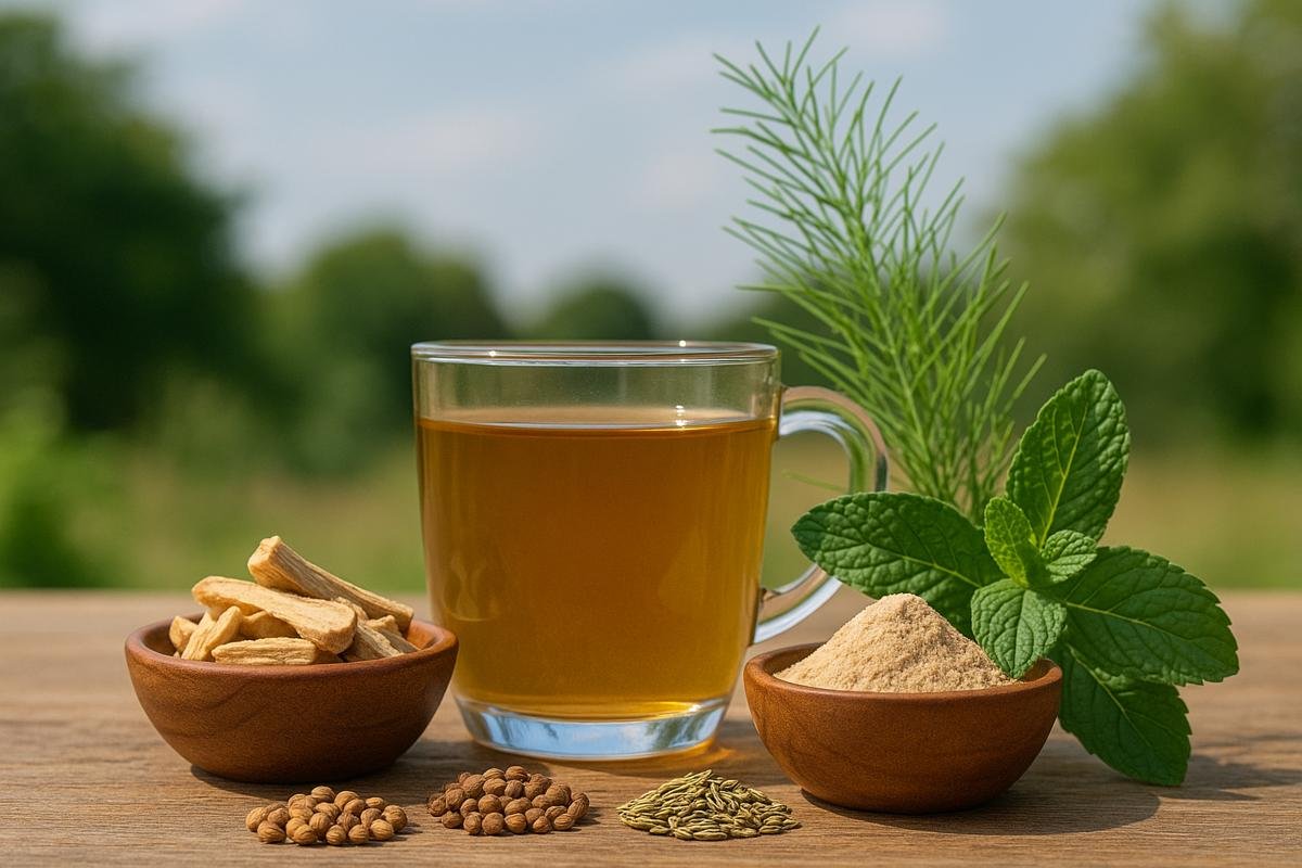 Rustic Ayurvedic setup featuring a glass of herbal tea, licorice roots, shatavari powder, coriander and fennel seeds, with a green outdoor background.