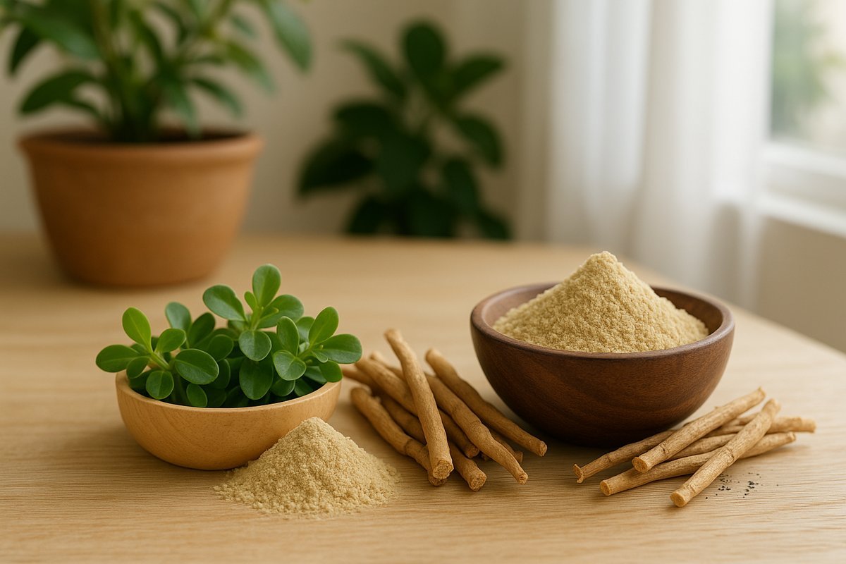 Brahmi leaves and Ashwagandha roots with their powders in wooden bowls on a light wooden table in a naturally lit breezy room.