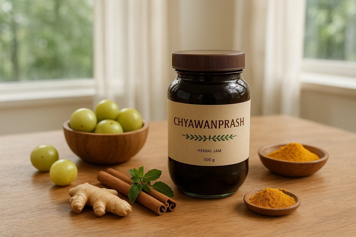 Jar of Chyawanprash with Amla, turmeric, ginger, and cinnamon on a wooden table in a breezy room.