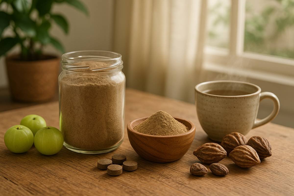 A natural setting showing Triphala powder in a glass jar and wooden bowl, surrounded by Triphala fruits, tablets, and a cup of herbal tea on a rustic wooden table near a breezy window.