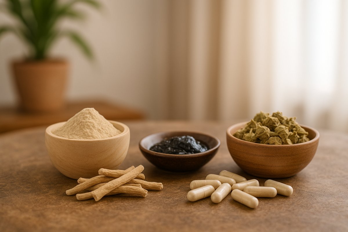 Natural Ayurvedic herbs for vitality after 40 – ashwagandha roots and powder, shilajit resin, and gokshura capsules in wooden bowls on a rustic table.