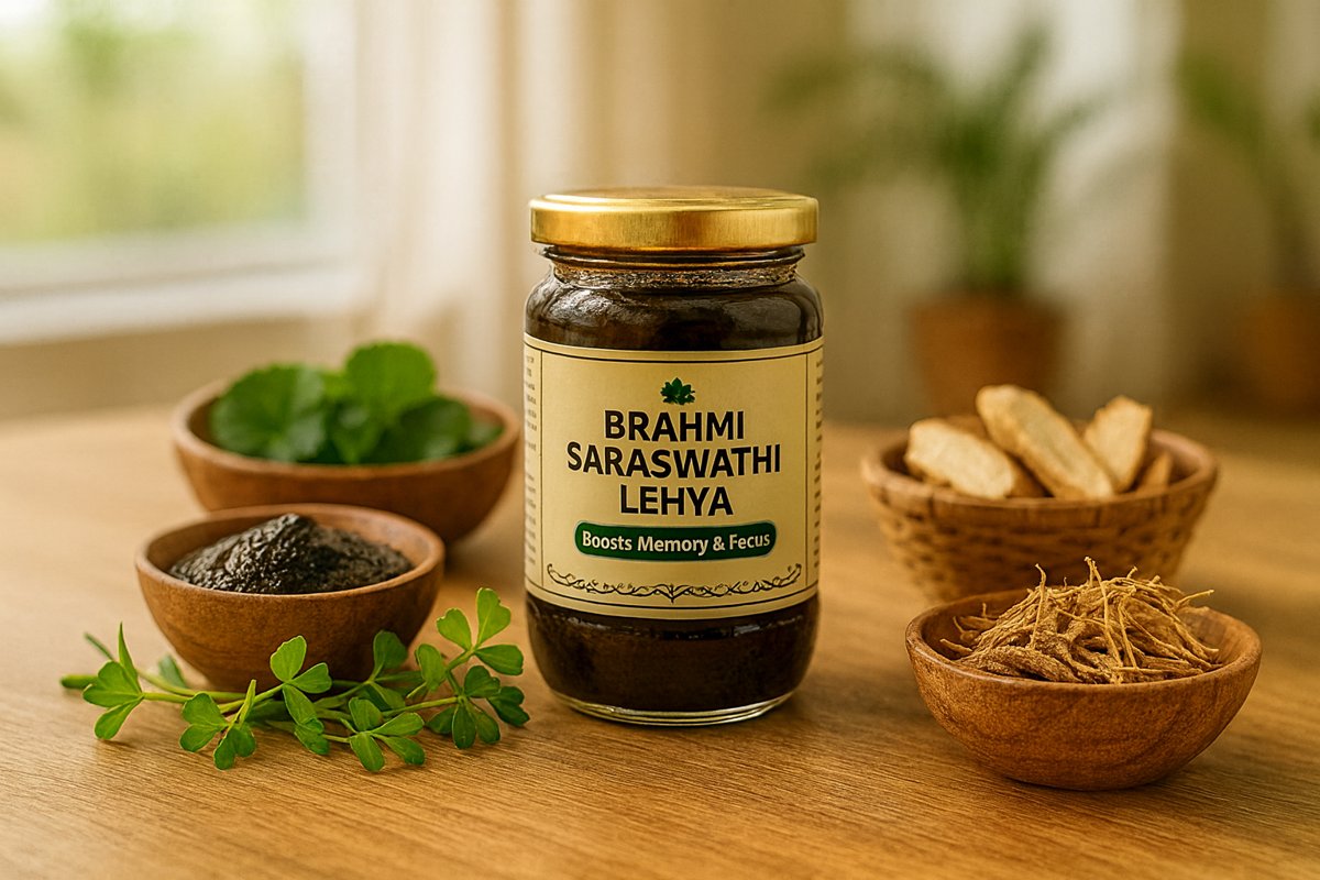 Jar of Brahmi Saraswathi Lehya surrounded by Ayurvedic herbs on a wooden table, promoting memory, focus, and nerve health naturally.