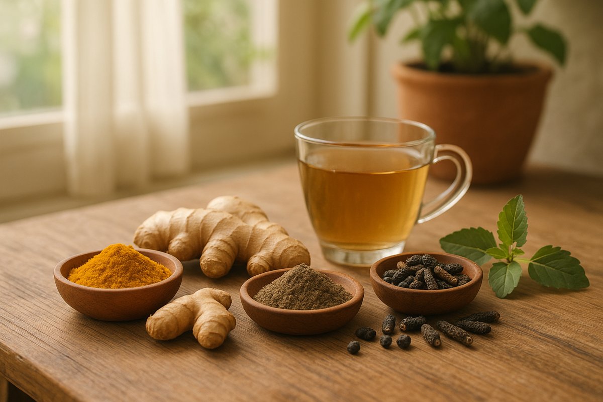 Ayurvedic detox herbs including ginger, turmeric, long pepper, and tulsi with a glass of herbal tea on a wooden table in a breezy room.