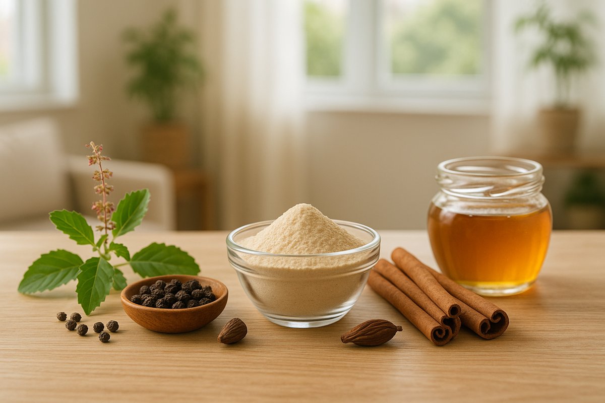 Natural Ayurvedic ingredients for children’s respiratory health – Sitopaladi churna, tulasi leaves, cinnamon, cardamom, pepper, and honey on a wooden table in a sunlit room.