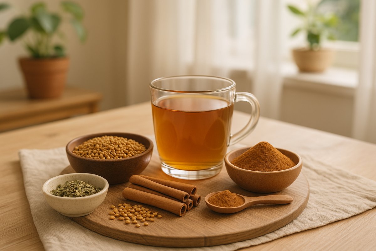 Ayurvedic herbs like fenugreek seeds and cinnamon with herbal tea in a sunlit room