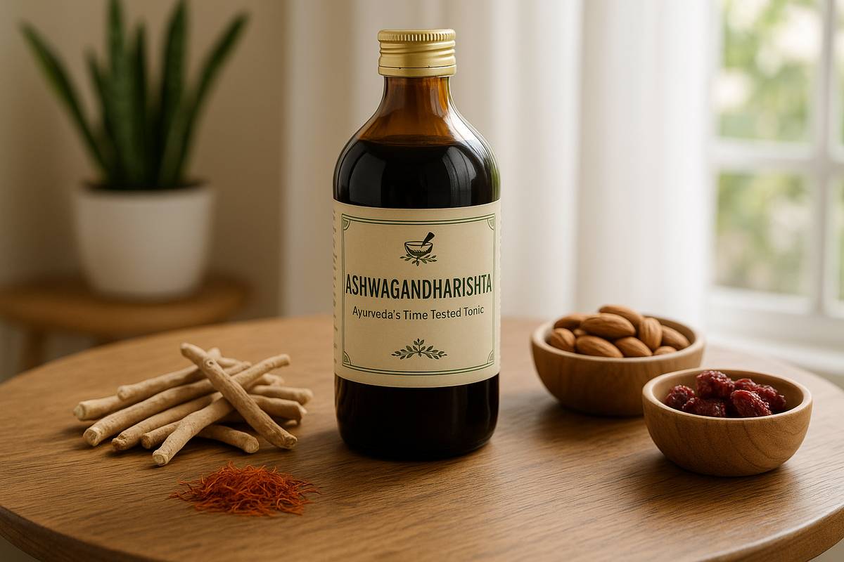Bottle of Aswagandharishta with Ashwagandha roots, saffron, almonds, and dried berries on a wooden table in a natural Ayurvedic setting.