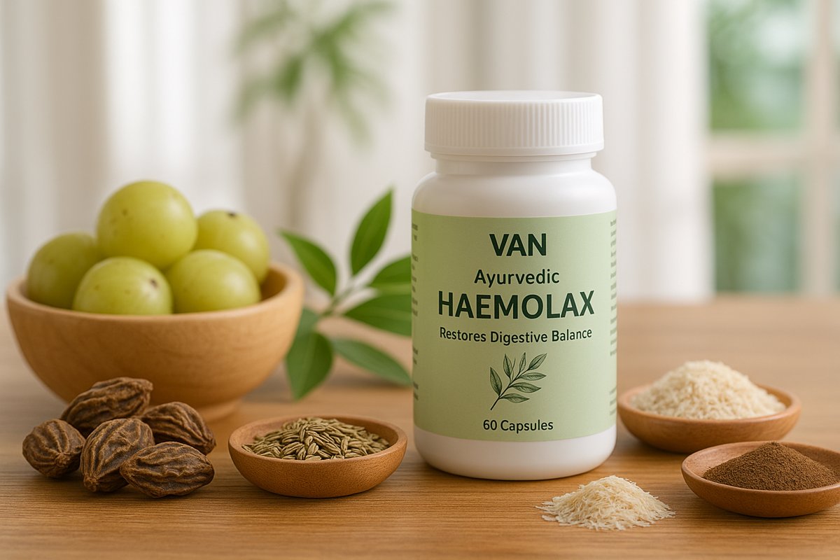 VAN Ayurvedic Haemolax bottle with natural herbs like haritaki, fennel, psyllium husk, and amla displayed on a wooden table in a bright, airy room.