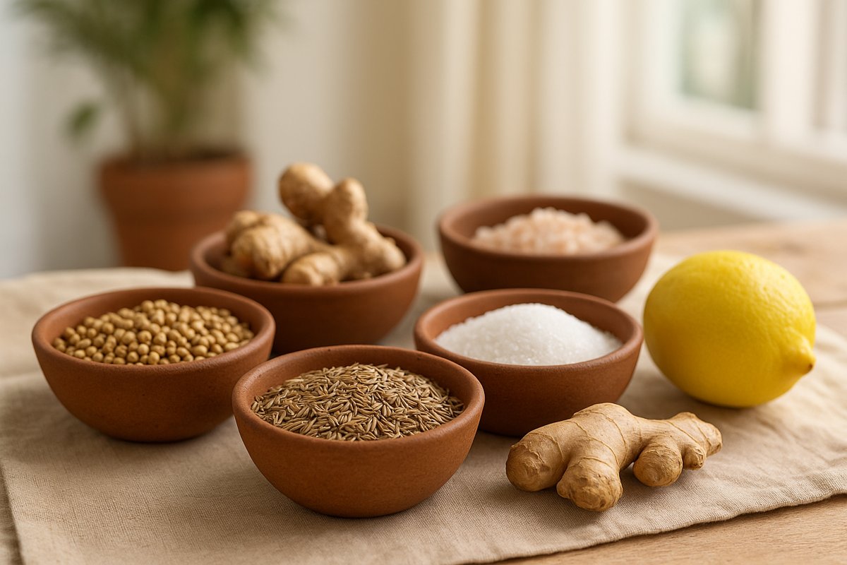 Earthen bowls filled with cumin, coriander, ginger, lemon, sugar, and rock salt arranged naturally in a breezy room setting.