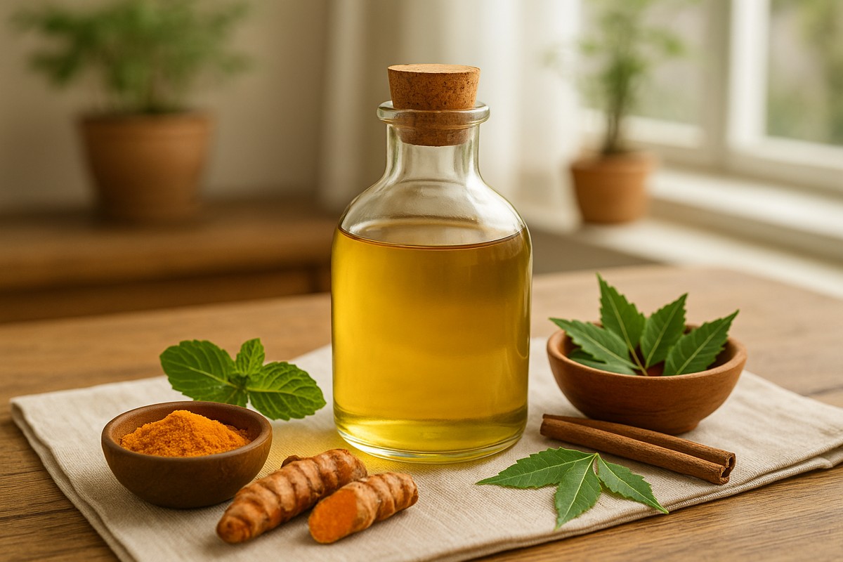Glass bottle of Narayana Taila Ayurvedic oil with turmeric, neem leaves, and cinnamon on a wooden table in a breezy room setting.