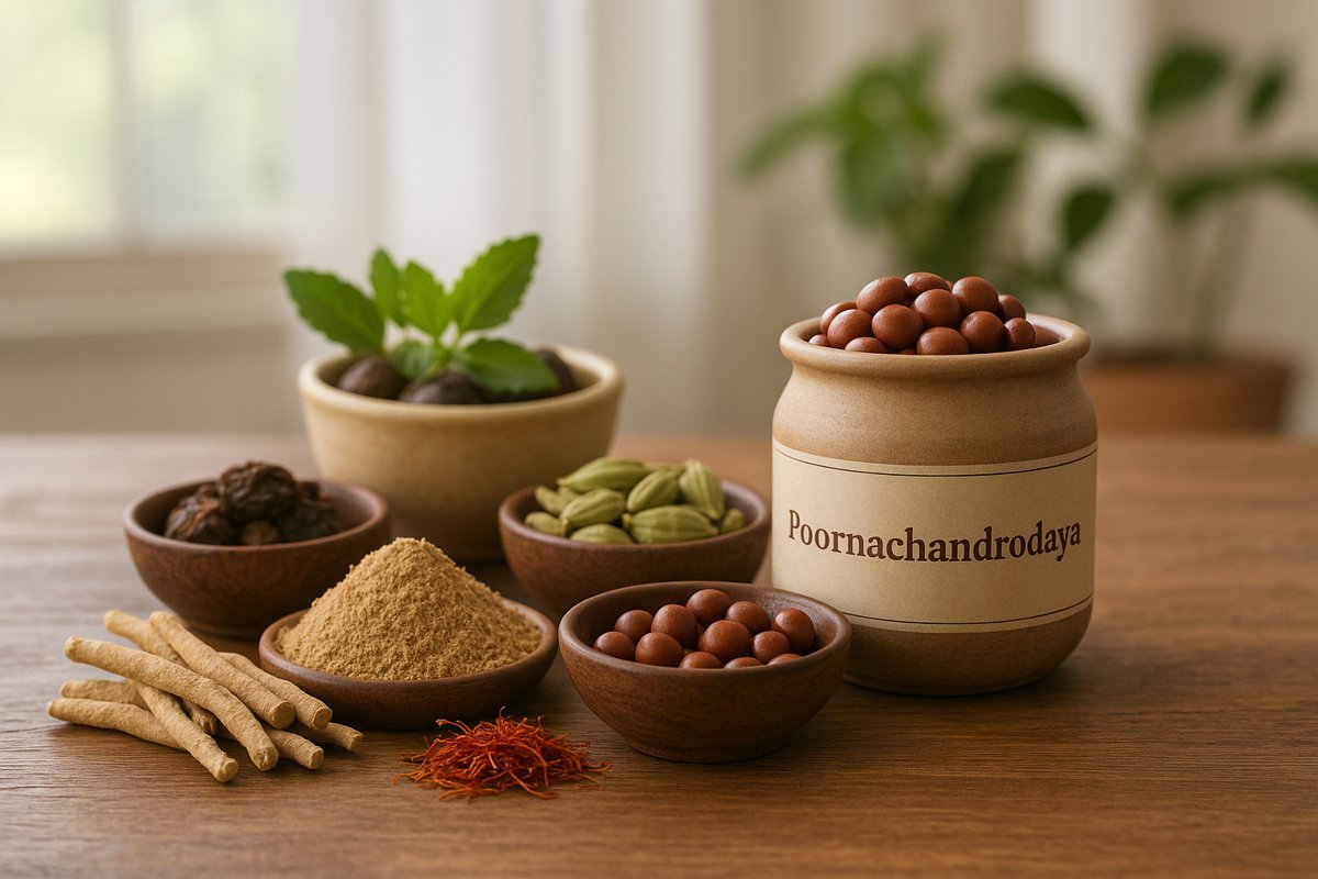 Poornachandrodaya Ayurvedic medicine in a traditional container with herbs like ashwagandha, saffron, cardamom, and amla displayed on a wooden table in natural light.