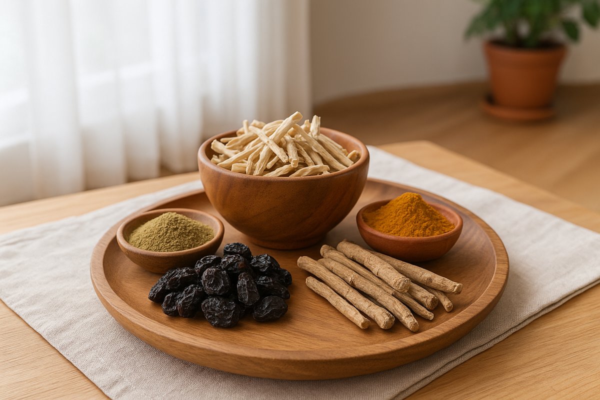 Ayurvedic herbs including Shatavari root, turmeric, Triphala powder, raisins, and Ashwagandha displayed in wooden bowls on a tray with natural light.