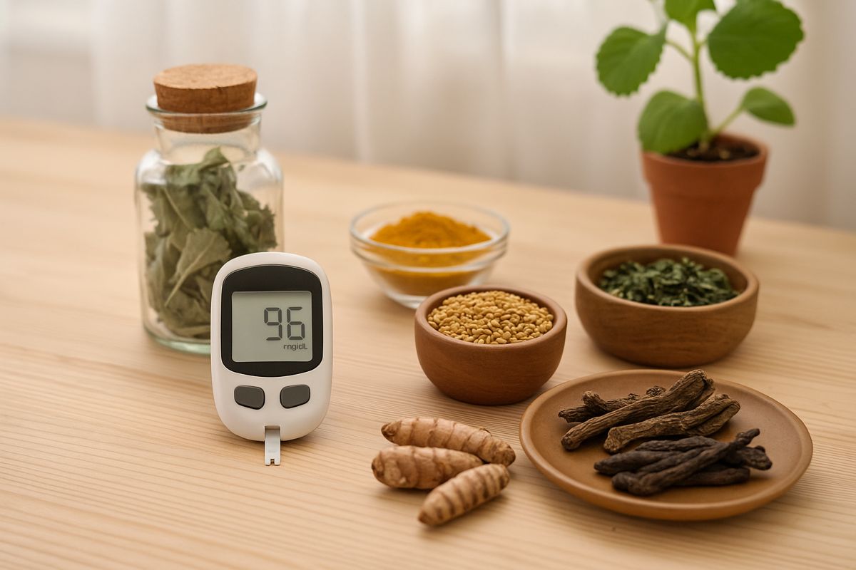 A natural Ayurvedic setup displaying diabetes care herbs like turmeric, fenugreek, neem leaves, and guggulu in wooden bowls with a glucose meter on a wooden table in a bright, breezy room.