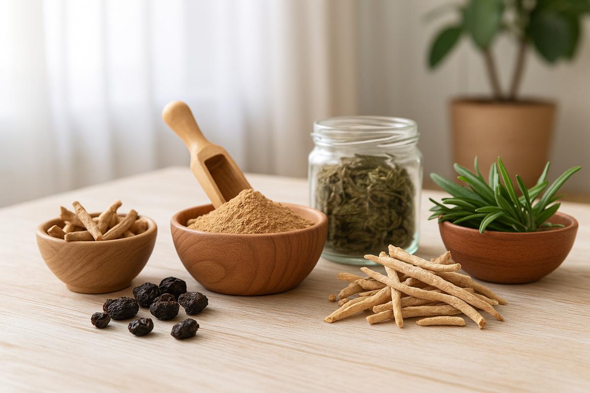 Natural Ayurvedic herbs like Ashwagandha, Vidari, and Gokshura displayed in wooden bowls under soft sunlight, representing natural vitality and wellness after 40.
