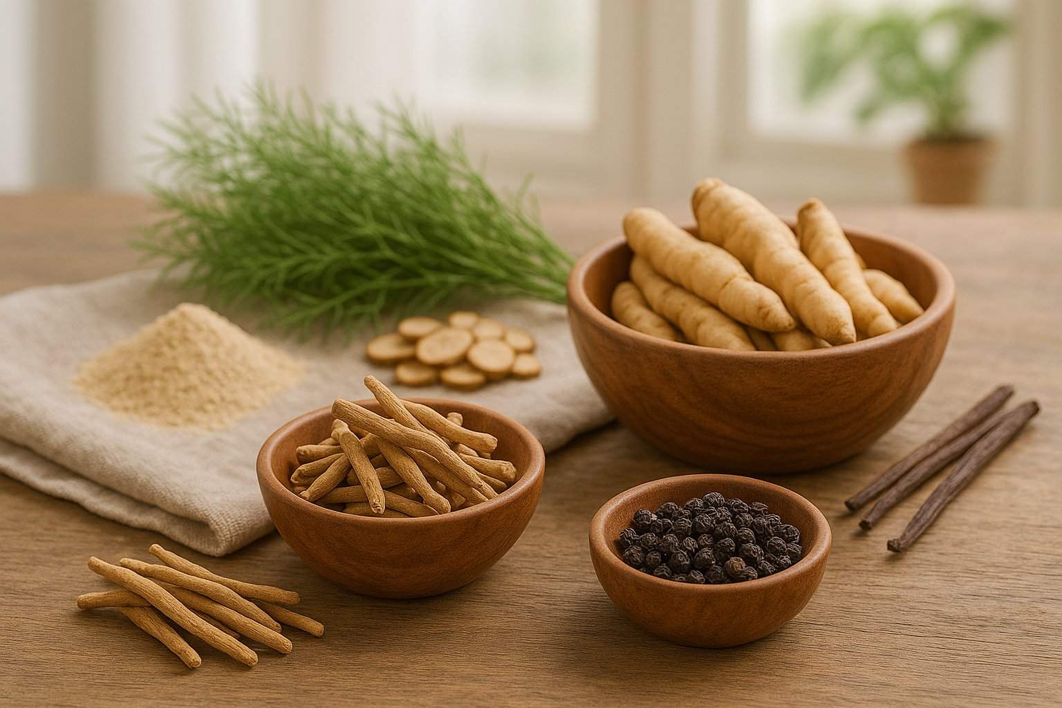 A natural Ayurvedic scene displaying herbs like Ashwagandha, Shatavari, Musli, Guduchi, and Jatiphal in earthen bowls on a wooden table under soft sunlight — symbolizing holistic stress relief and vitality.