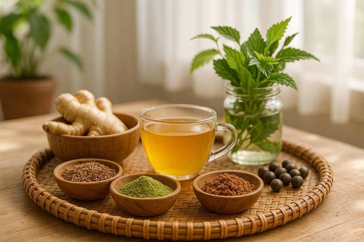Natural Ayurvedic herbs and golden tonic displayed in a bright room setting, featuring ginger, cumin, herbal powders, and green leaves for digestion and liver health.