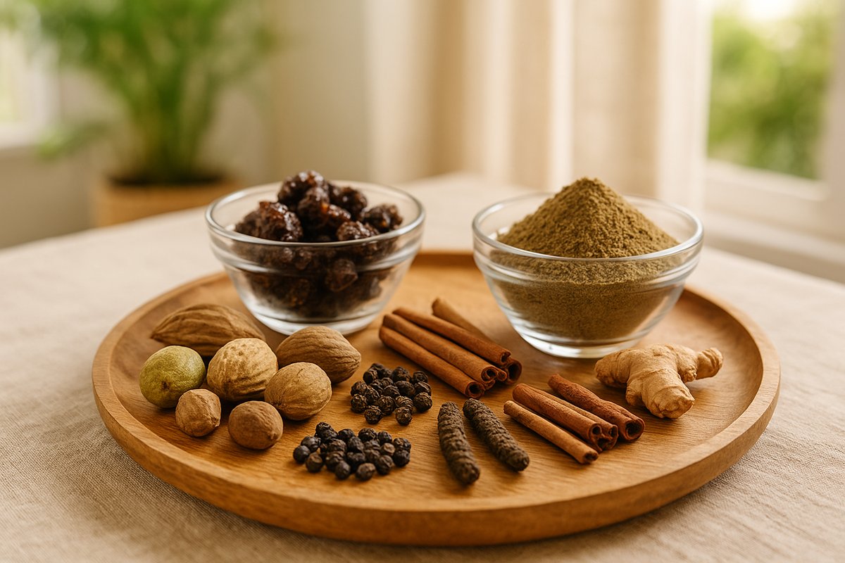 A natural arrangement of Ayurvedic herbs like guggul, amla, haritaki, black pepper, cinnamon, and ginger displayed in glass bowls and on an earthen plate under warm daylight, symbolizing thyroid wellness through Ayurveda.