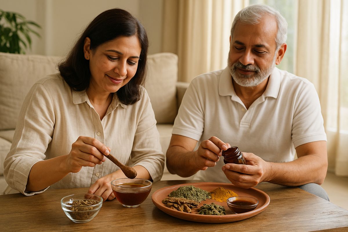 An elegant Indian middle-aged couple preparing Ayurvedic herbs like neem, turmeric, and khadira on an earthen plate and glass bowls in a naturally lit room, symbolizing holistic skin health and wellness.