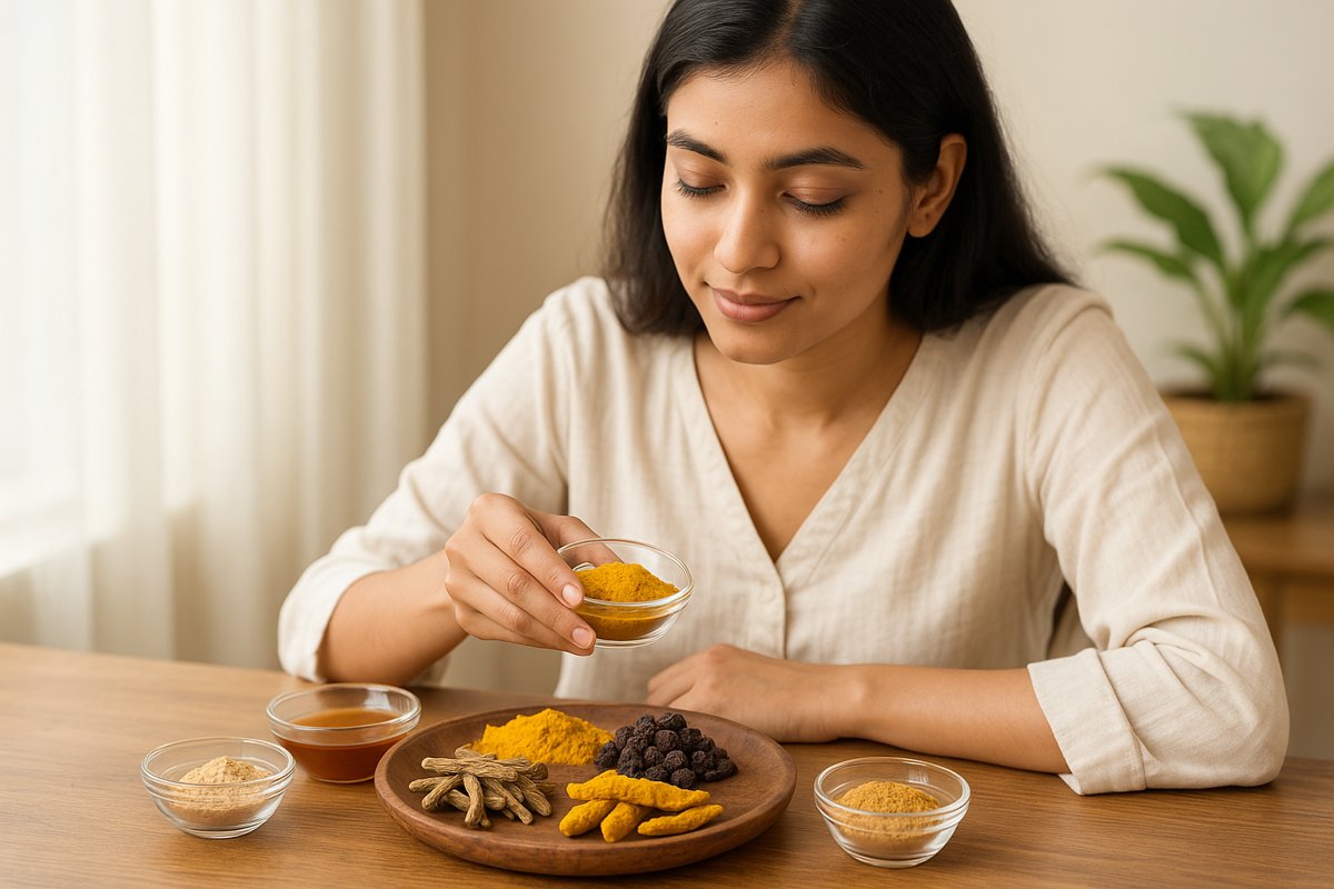 A woman preparing Ayurvedic herbal blends like turmeric, ginger, and Triphala on an earthen plate and glass bowls in a naturally lit, breezy room setting for joint pain relief.