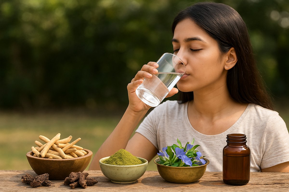 A young Indian woman drinking a glass of water outdoors with Ayurvedic herbs like Ashwagandha, Brahmi, Shankhpushpi, and Jatamansi placed on a wooden table in front of her.