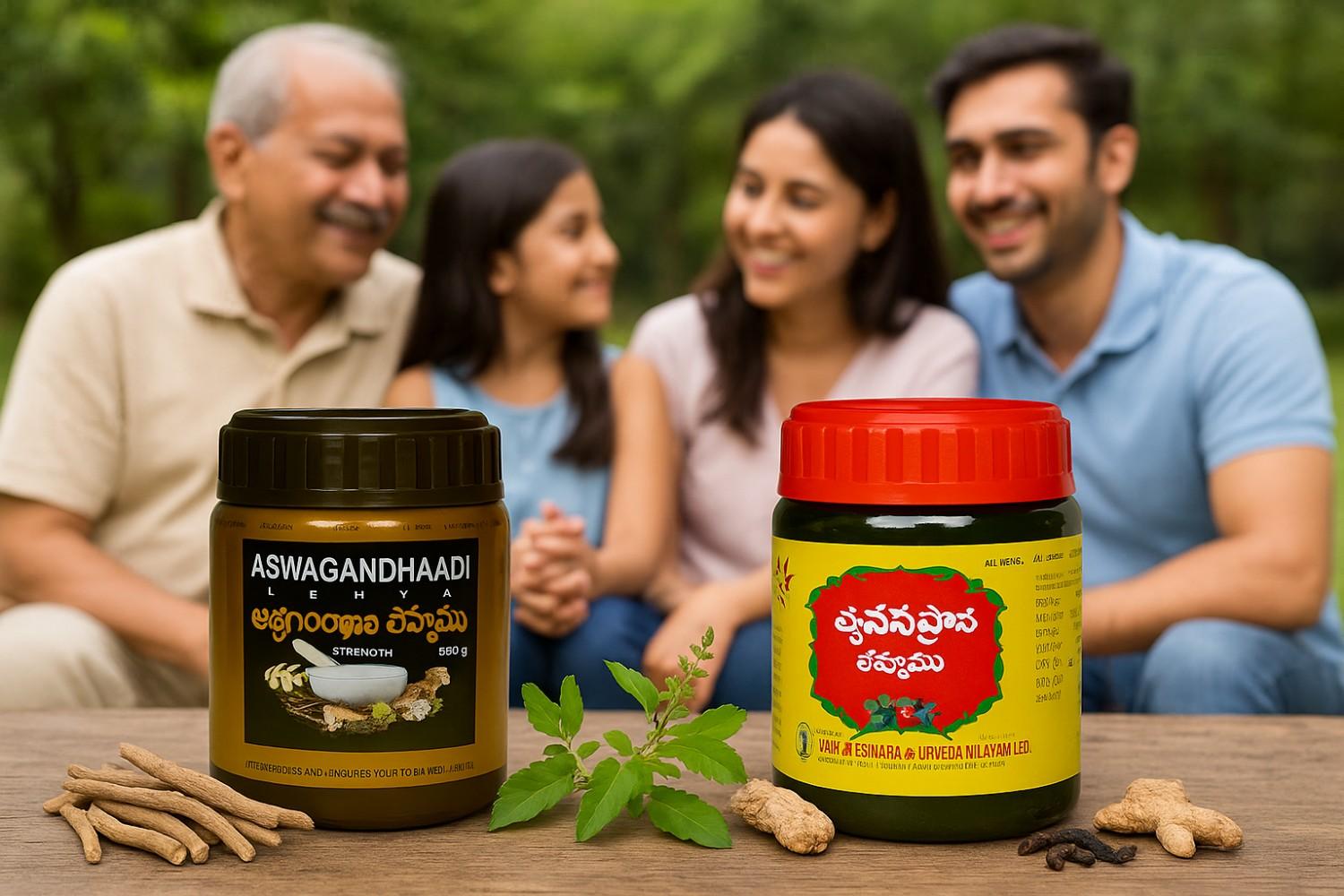 Ashwagandhaadi Lehya and Chyawanprash jars placed on a wooden surface with Ayurvedic herbs, set against a warm background of a smiling three-generation Indian family outdoors.