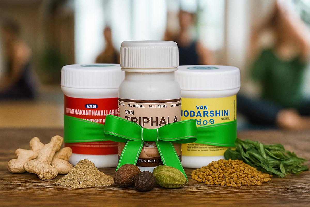 Ayurvedic weight management medicines - Triphala, Swarnakanthavallabha, and Godarshini displayed with natural herbs like ginger, cardamom, and fenugreek on a wooden table, with a blurred yoga class in the background.