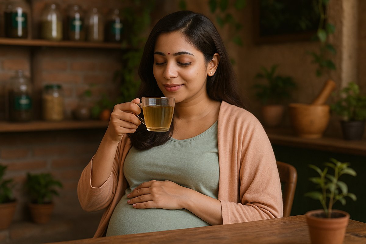 Pregnant Indian woman enjoying herbal tea in a natural Ayurvedic café setting, representing comfort and morning sickness relief.