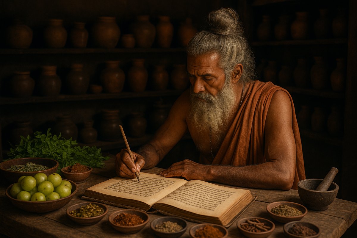 Ancient Indian sage writing Ayurvedic scriptures inside a traditional apothecary surrounded by herbs, spices, and classical wellness ingredients.