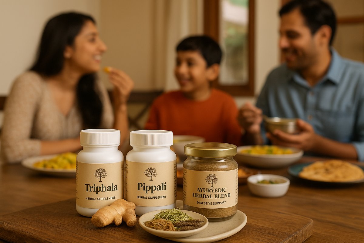Indian family enjoying a warm home cooked meal with Ayurvedic herbs like ginger, cumin, fennel and Triphala blend placed in focus on a wooden table.