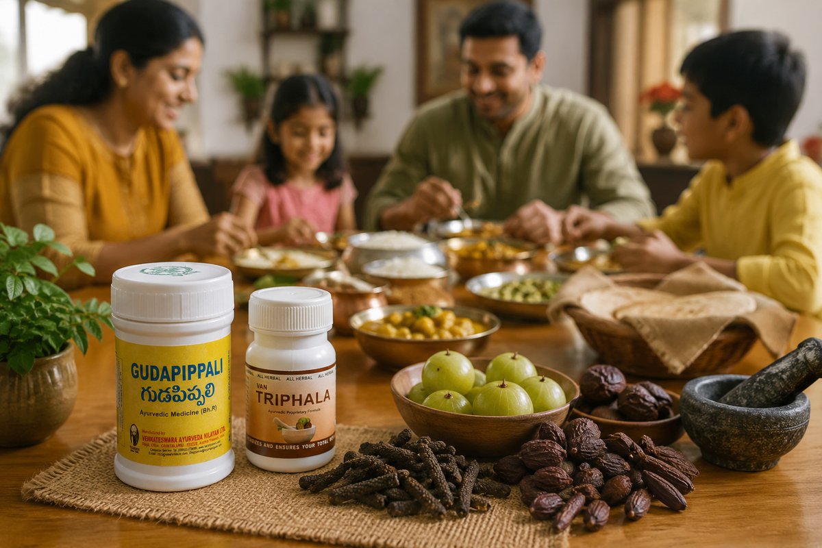 Indian family enjoying a healthy home-cooked Ayurvedic meal with Gudapippali and Triphala herbal supplements alongside traditional Ayurvedic herbs for everyday wellness.