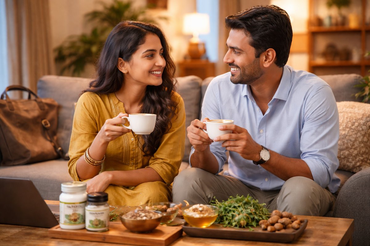 Indian working couple relaxing with herbal tea at home after work, practicing Ayurvedic stress relief