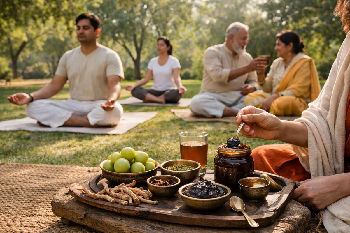 Indians practising yoga in a green park while enjoying traditional Ayurvedic medicines as part of a preventive healthcare lifestyle