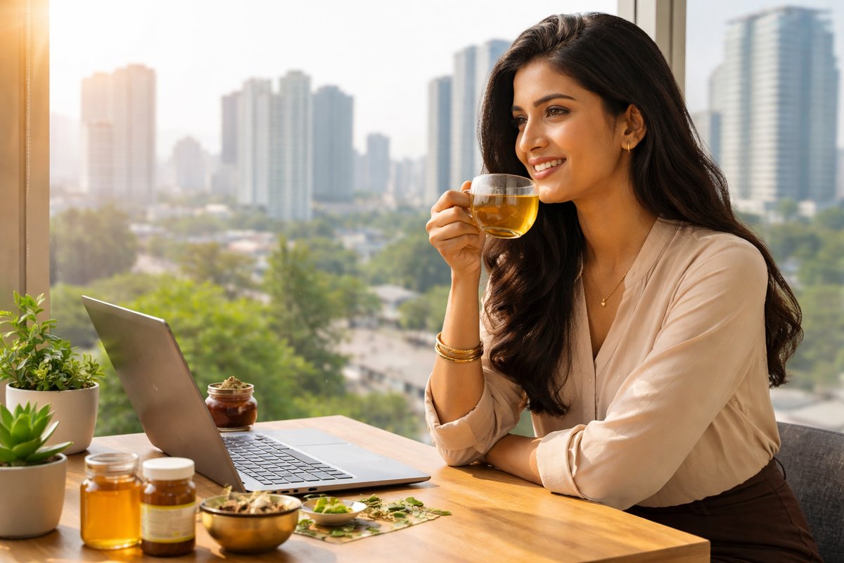 Indian office professional enjoying a warm herbal tea at her workspace with a city skyline in the background, reflecting Ayurveda for urban living.
