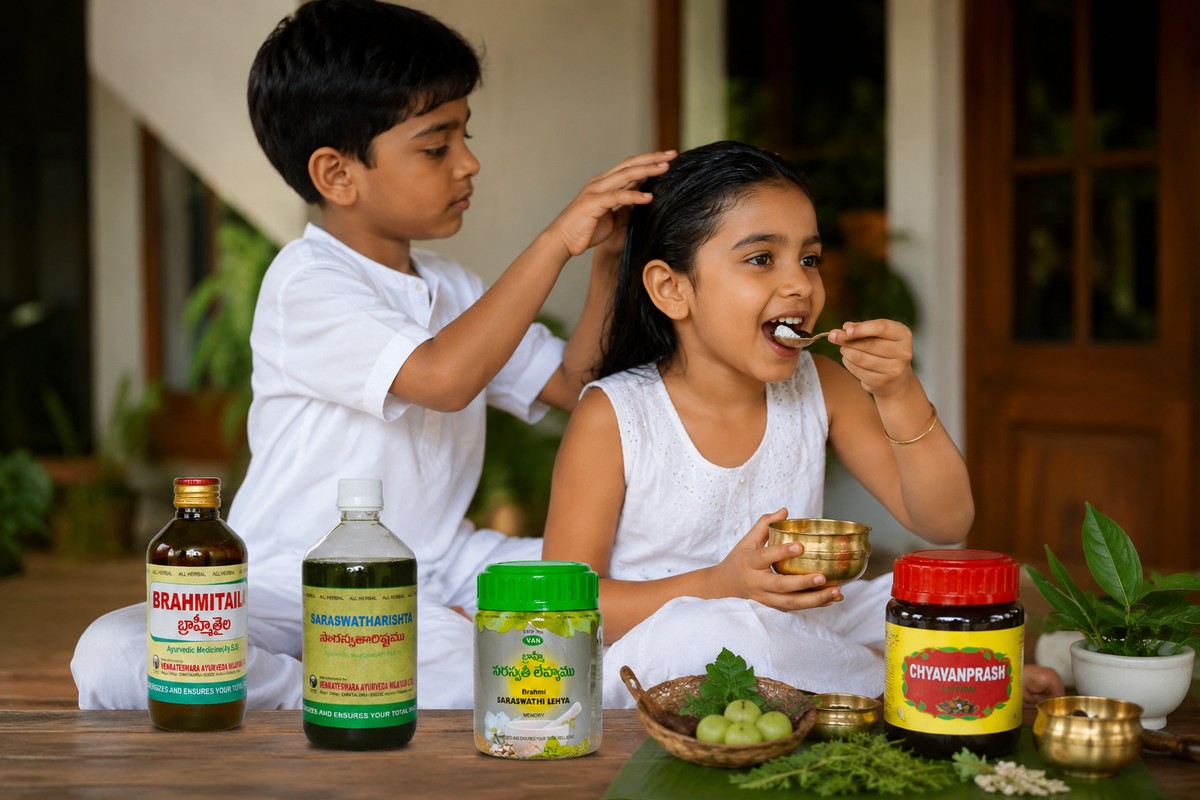 Indian children following an Ayurvedic wellness routine with Brahmi Taila hair oil, Brahmi Saraswathi Lehya, Saraswatharishta, and Chyavanaprasa Lehya as part of a healthy daily lifestyle.