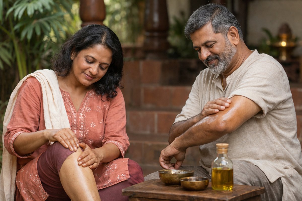 Indian middle-aged couple applying Ayurvedic oil to knee and elbow joints for natural inflammation relief and joint comfort at home