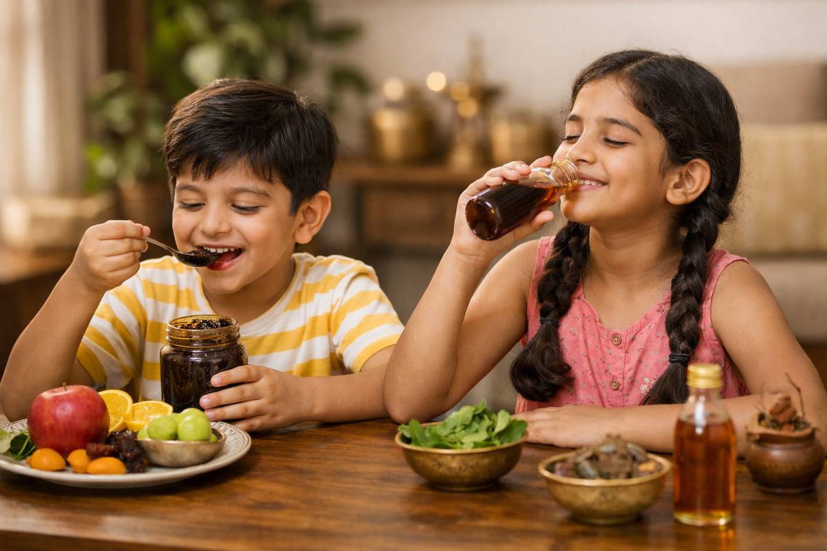 Indian children enjoying Chyawanprash and Ayurvedic herbal tonic at home to support natural immunity and healthy growth