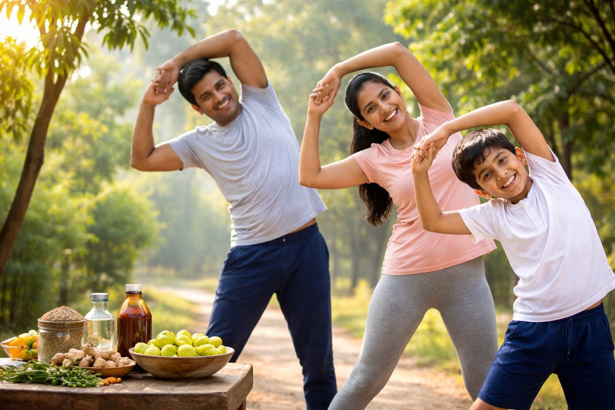 Indian family exercising together outdoors, promoting natural immunity and holistic wellness through Ayurveda