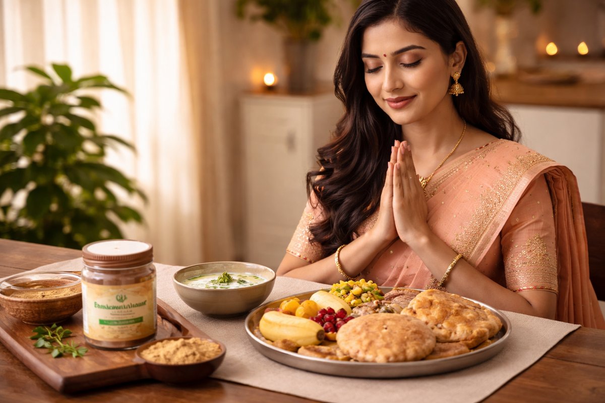 Indian woman breaking fast with Ayurvedic digestive powder and buttermilk on a traditional fasting thali