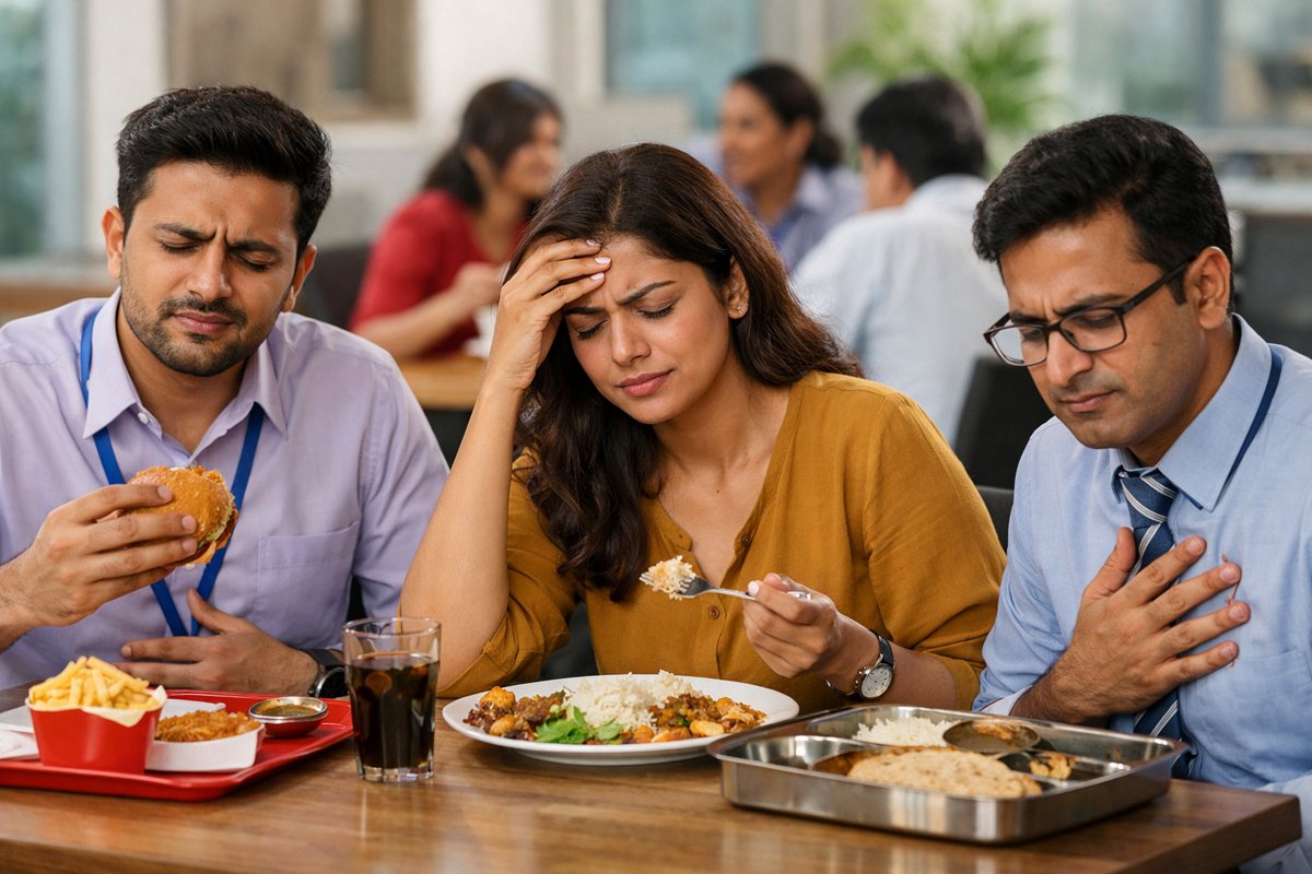 Indian office workers feeling bloated and uncomfortable after eating lunch in an office cafeteria