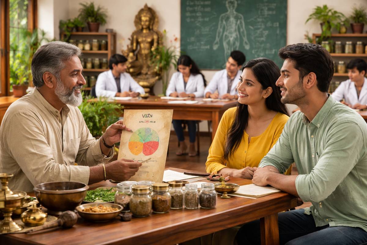 Ayurvedic doctor teaching students in a traditional classroom, explaining individualized treatment and body constitution using herbs and learning materials.
