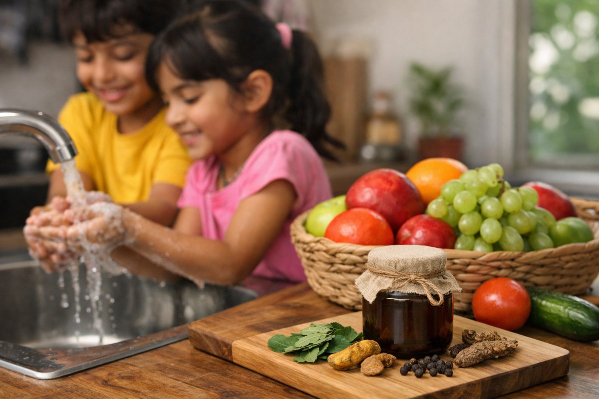 Children washing hands in a clean kitchen with fresh fruits and a small Ayurvedic herbal jar on the table, promoting hygiene and deworming prevention.