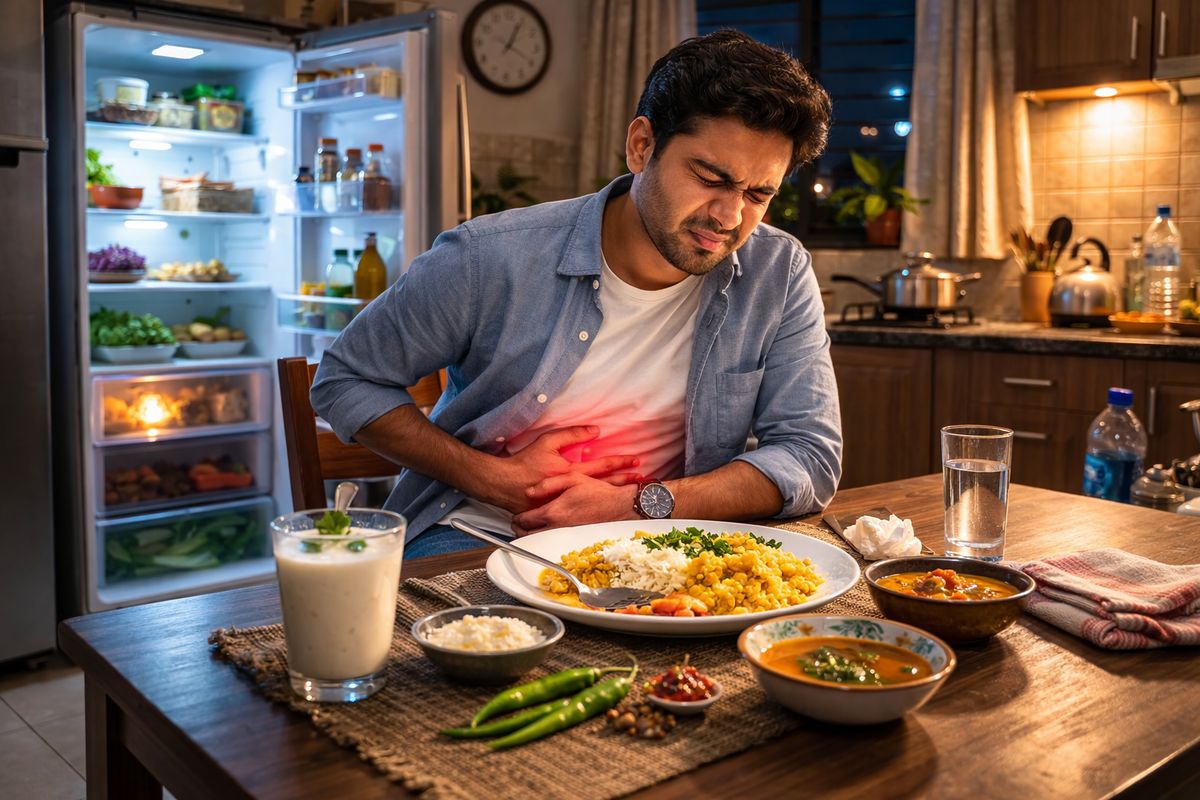 Indian man eating late-night meal from fridge and holding stomach in pain in a dim kitchen setting
