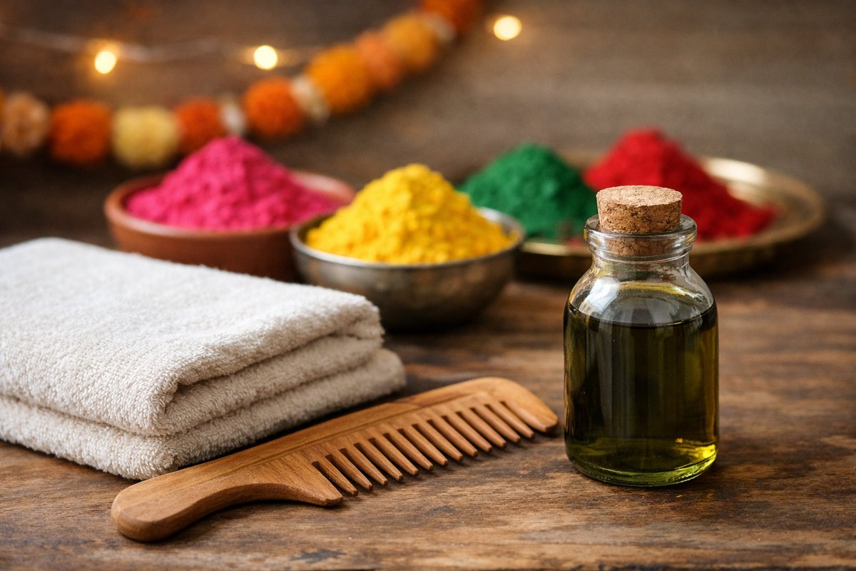 Brahmi Taila hair oil bath setup with towel, wooden comb, and herbal oil jar placed on a wooden table with Holi colours in the background.