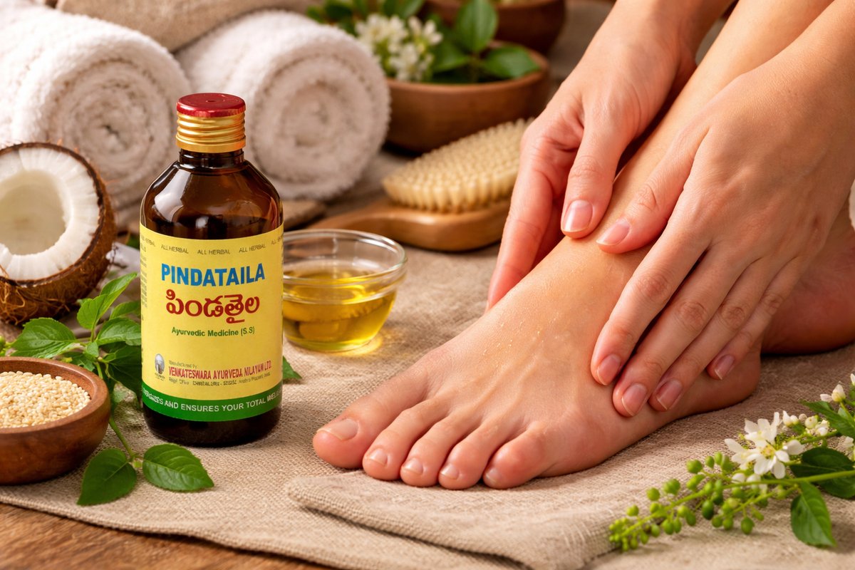 Hands and feet skincare routine with Pindataila Ayurvedic oil bottle placed beside natural herbs and a person applying oil to soothe dry skin and cracked heels.