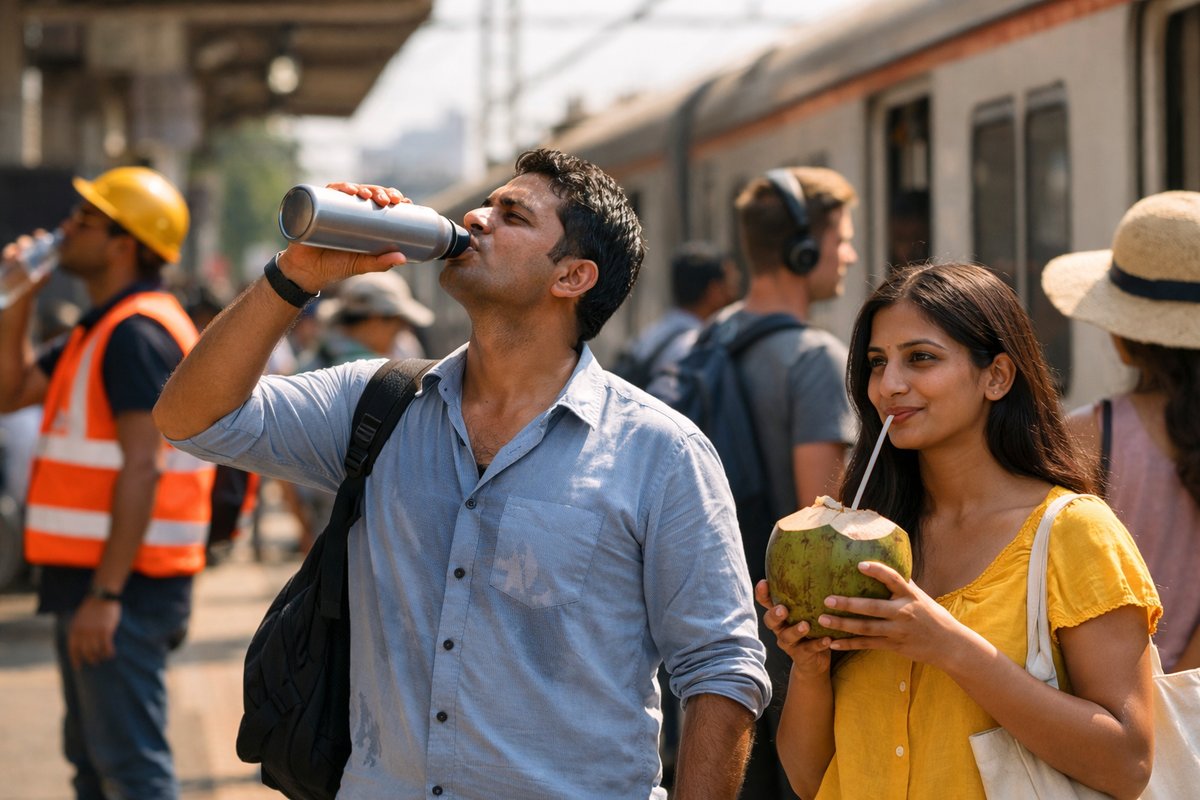 Indian summer commuters staying hydrated with water bottle and coconut water during hot weather
