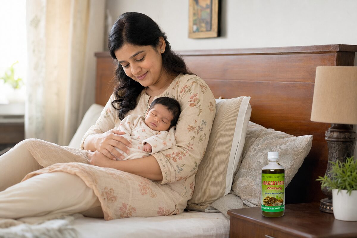 Indian mother resting with her baby beside Jirakadyarista for postpartum digestive support