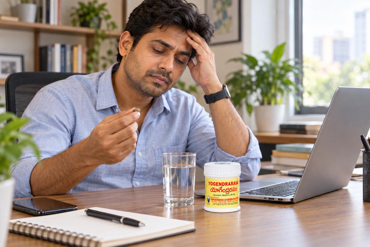 Stressed Indian professional taking Yogendrarasa with water during a break from computer work.