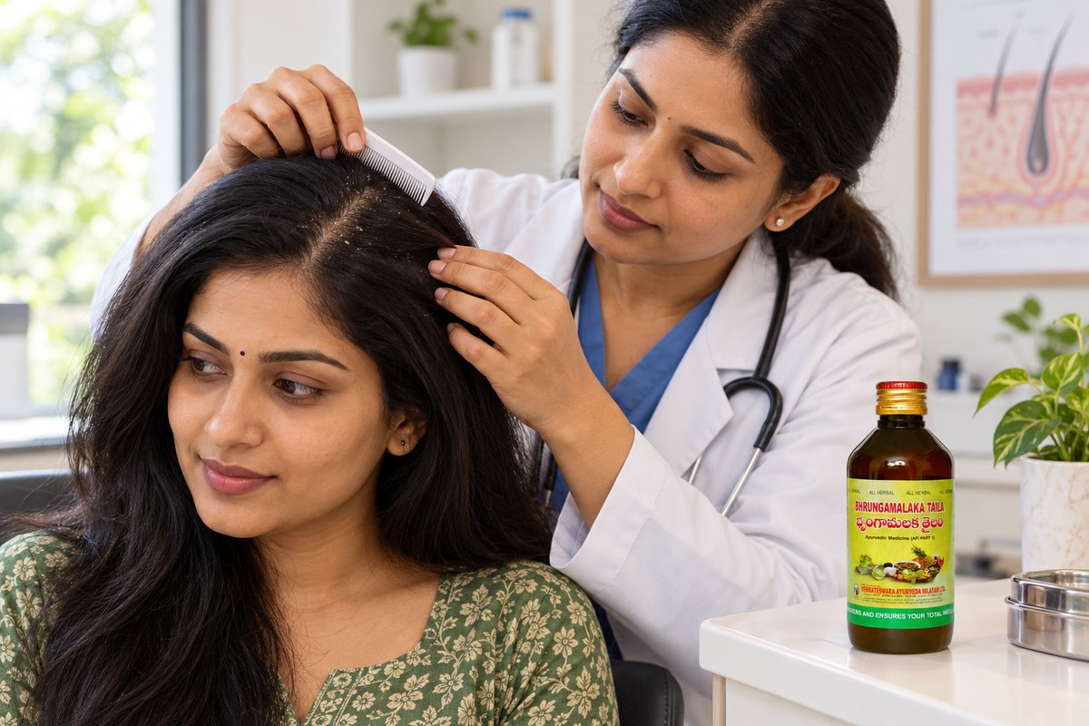 Clinician checking an Indian woman's scalp with a comb, with Bhrungamalaka Taila on the nearby counter.